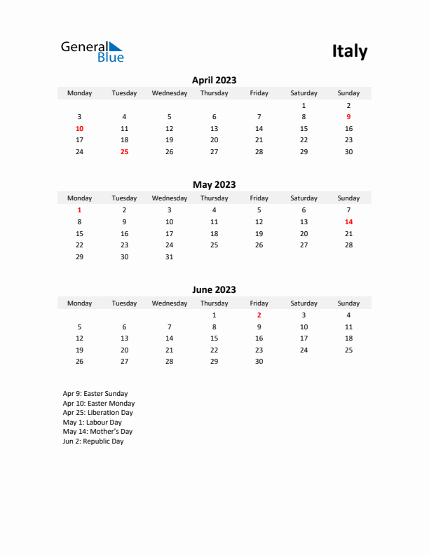 Printable Quarterly Calendar with Notes and Italy Holidays- Q2 of 2023