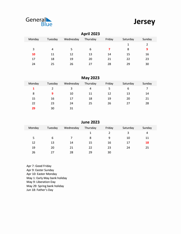 Printable Quarterly Calendar with Notes and Jersey Holidays- Q2 of 2023