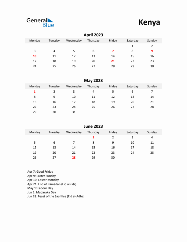 Printable Quarterly Calendar with Notes and Kenya Holidays- Q2 of 2023