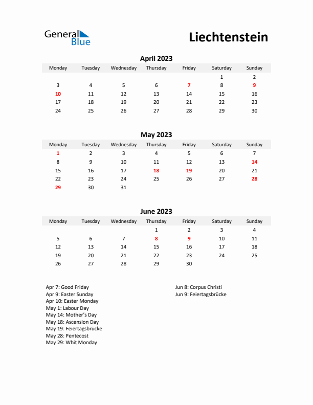 Printable Quarterly Calendar with Notes and Liechtenstein Holidays- Q2 of 2023