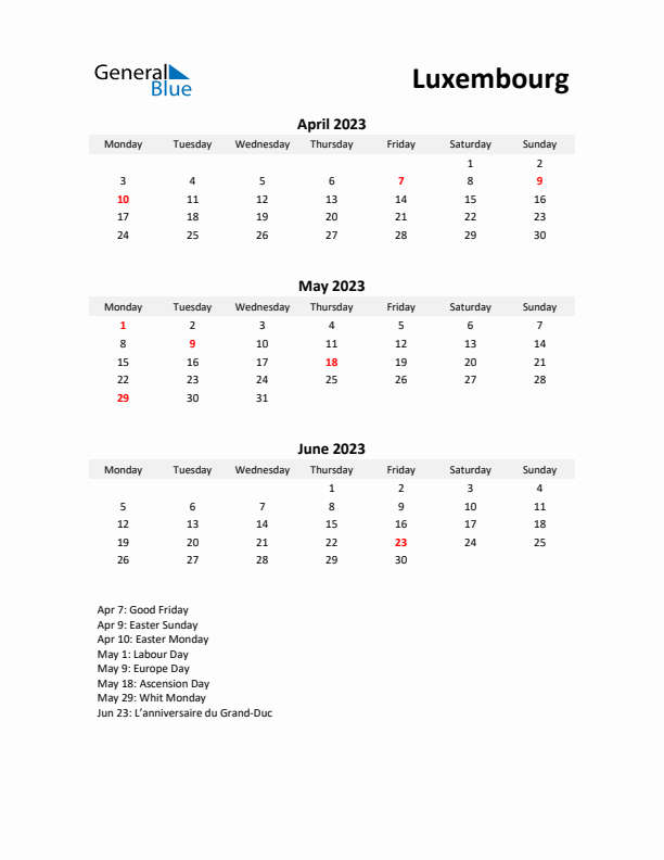 Printable Quarterly Calendar with Notes and Luxembourg Holidays- Q2 of 2023