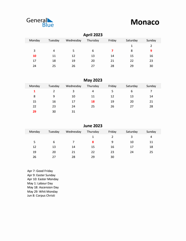 Printable Quarterly Calendar with Notes and Monaco Holidays- Q2 of 2023