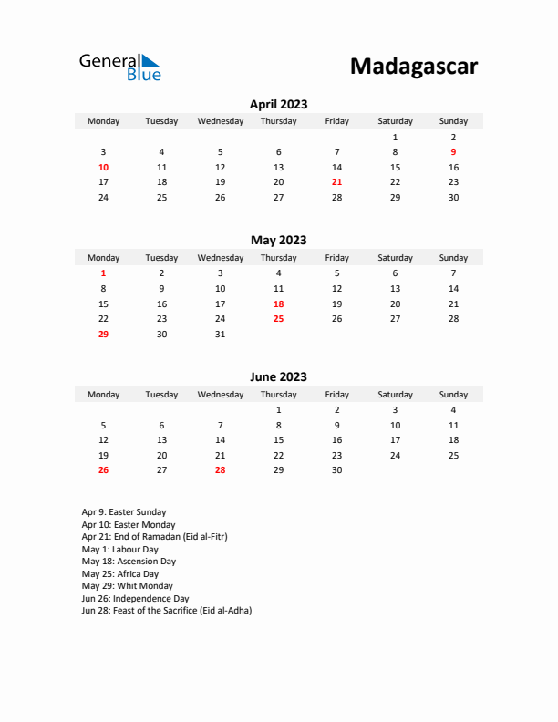 Printable Quarterly Calendar with Notes and Madagascar Holidays- Q2 of 2023