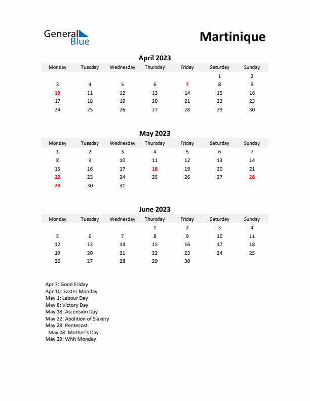 Printable Quarterly Calendar with Notes and Martinique Holidays- Q2 of 2023