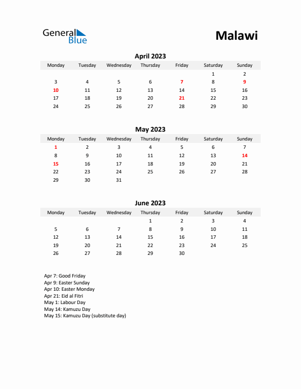 Printable Quarterly Calendar with Notes and Malawi Holidays- Q2 of 2023