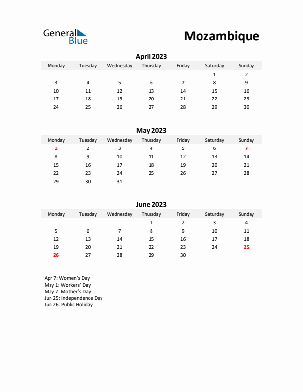 Printable Quarterly Calendar with Notes and Mozambique Holidays- Q2 of 2023