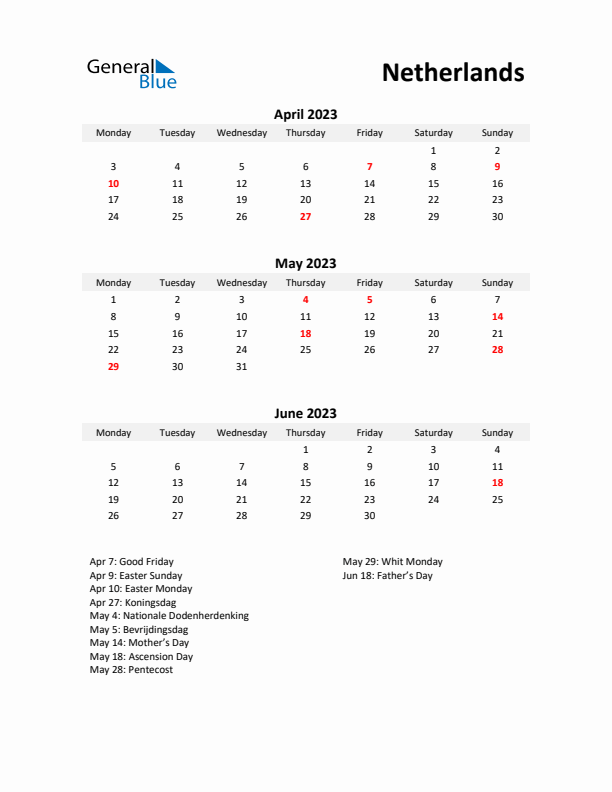 Printable Quarterly Calendar with Notes and The Netherlands Holidays- Q2 of 2023