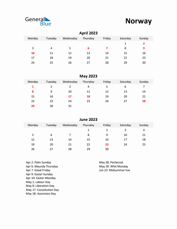 Printable Quarterly Calendar with Notes and Norway Holidays- Q2 of 2023