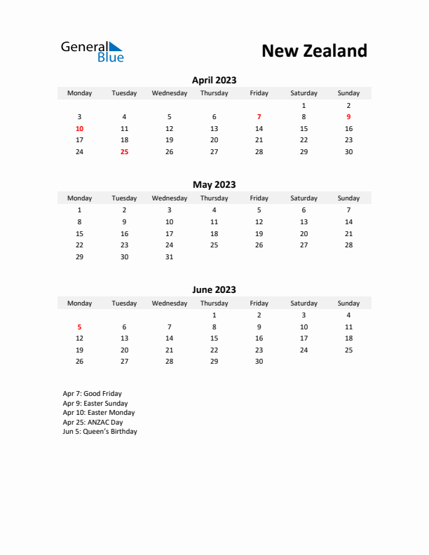 Printable Quarterly Calendar with Notes and New Zealand Holidays- Q2 of 2023