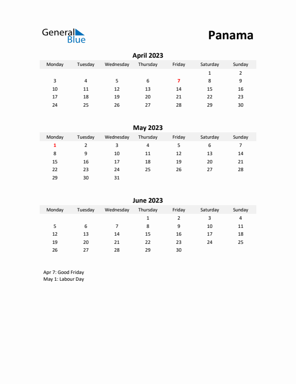 Printable Quarterly Calendar with Notes and Panama Holidays- Q2 of 2023