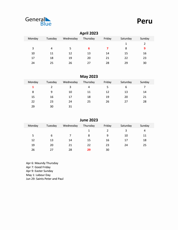 Printable Quarterly Calendar with Notes and Peru Holidays- Q2 of 2023