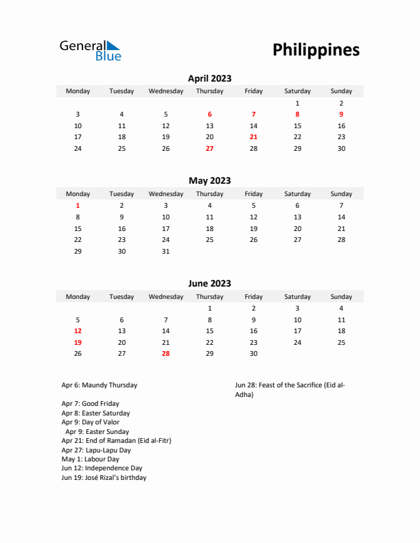 Printable Quarterly Calendar with Notes and Philippines Holidays- Q2 of 2023