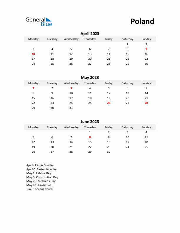 Printable Quarterly Calendar with Notes and Poland Holidays- Q2 of 2023