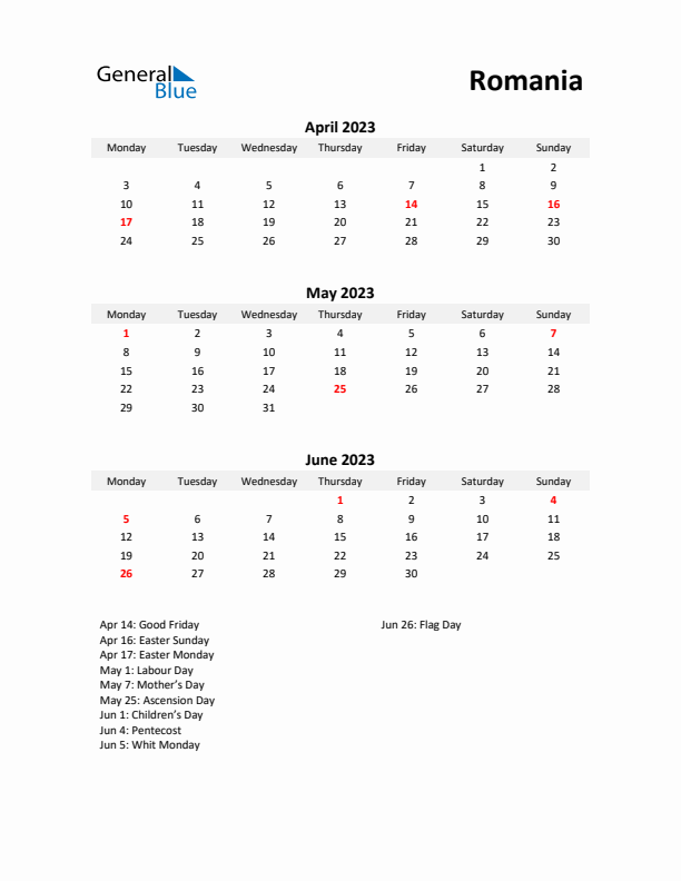 Printable Quarterly Calendar with Notes and Romania Holidays- Q2 of 2023