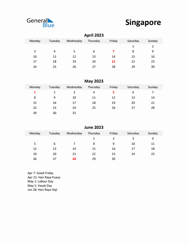 Printable Quarterly Calendar with Notes and Singapore Holidays- Q2 of 2023