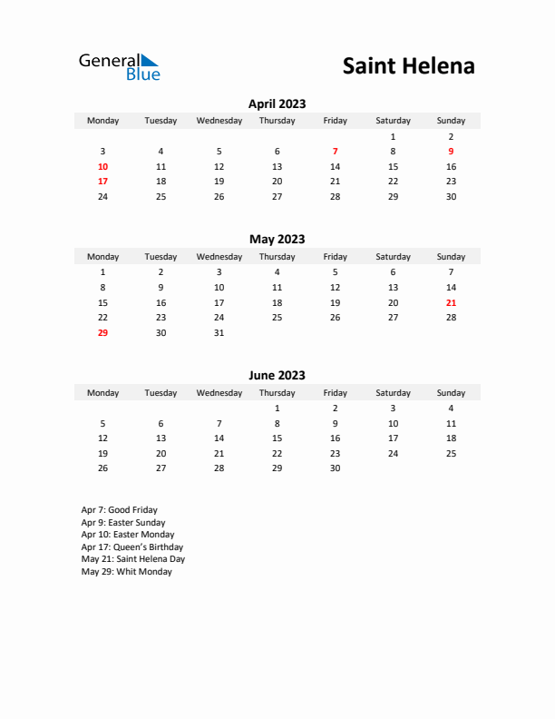 Printable Quarterly Calendar with Notes and Saint Helena Holidays- Q2 of 2023