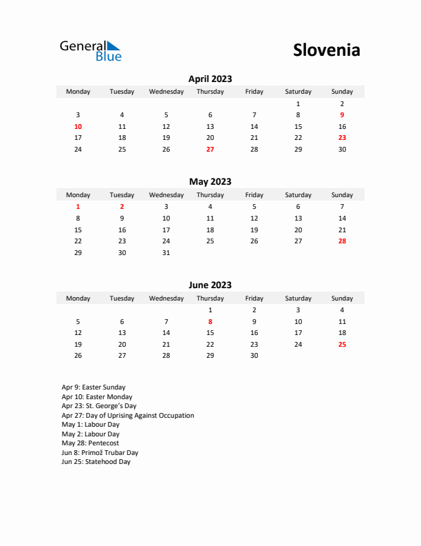 Printable Quarterly Calendar with Notes and Slovenia Holidays- Q2 of 2023