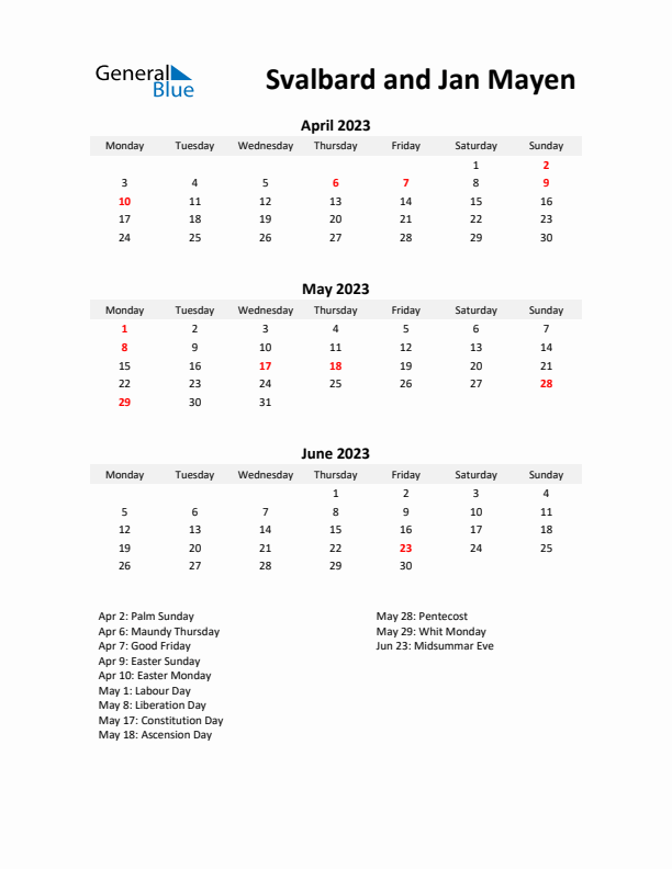 Printable Quarterly Calendar with Notes and Svalbard and Jan Mayen Holidays- Q2 of 2023