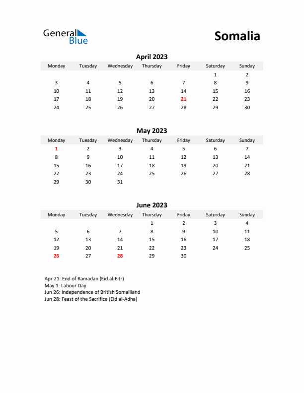 Printable Quarterly Calendar with Notes and Somalia Holidays- Q2 of 2023