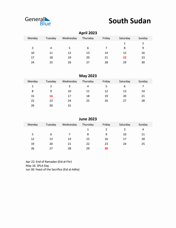 Printable Quarterly Calendar with Notes and South Sudan Holidays- Q2 of 2023