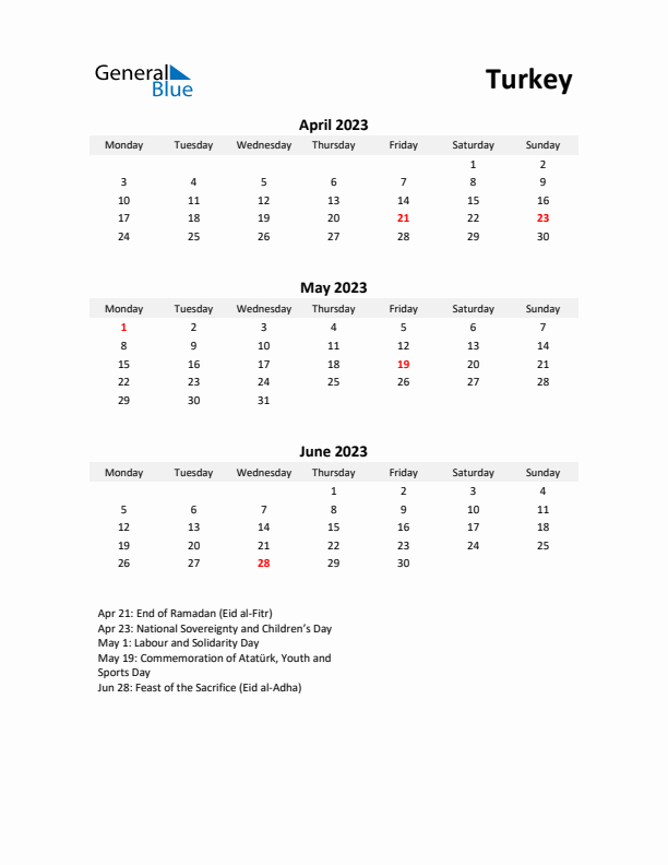 Printable Quarterly Calendar with Notes and Turkey Holidays- Q2 of 2023