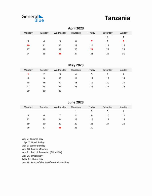 Printable Quarterly Calendar with Notes and Tanzania Holidays- Q2 of 2023