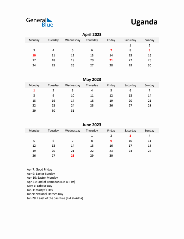 Printable Quarterly Calendar with Notes and Uganda Holidays- Q2 of 2023