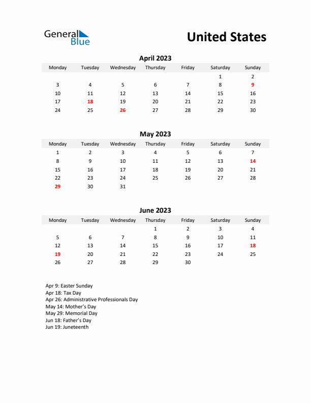 Printable Quarterly Calendar with Notes and United States Holidays- Q2 of 2023