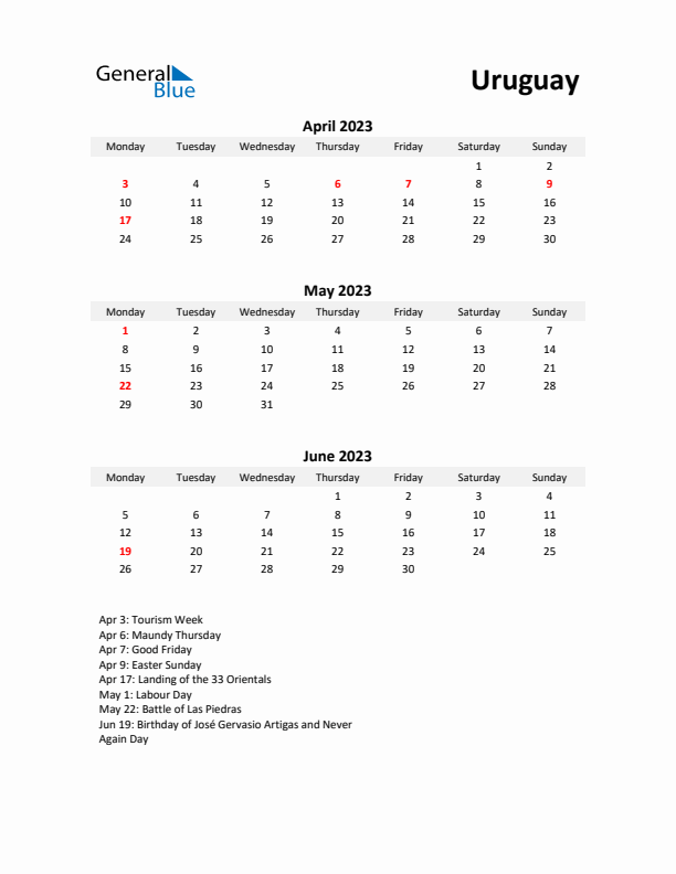 Printable Quarterly Calendar with Notes and Uruguay Holidays- Q2 of 2023