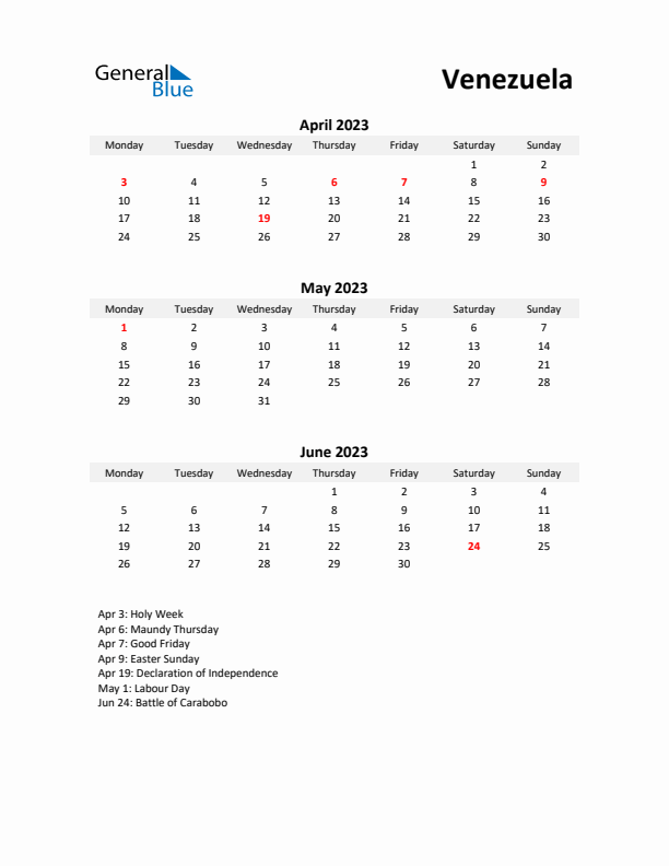 Printable Quarterly Calendar with Notes and Venezuela Holidays- Q2 of 2023