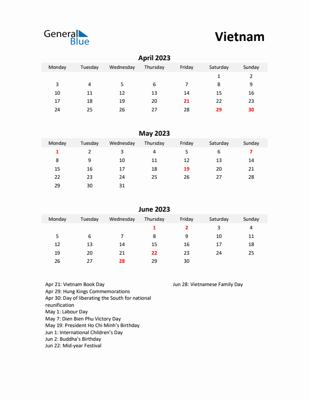 Printable Quarterly Calendar with Notes and Vietnam Holidays- Q2 of 2023