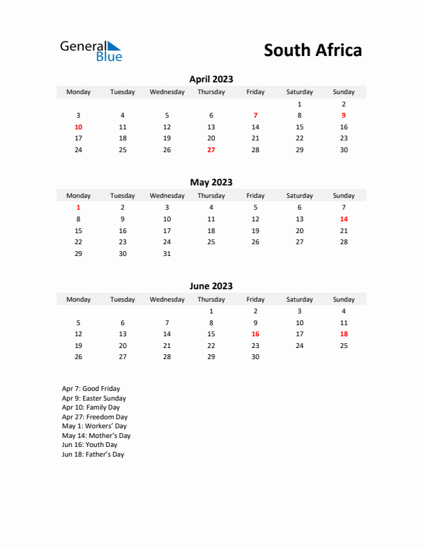 Printable Quarterly Calendar with Notes and South Africa Holidays- Q2 of 2023