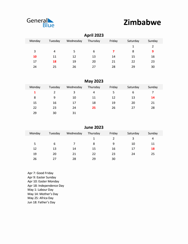 Printable Quarterly Calendar with Notes and Zimbabwe Holidays- Q2 of 2023