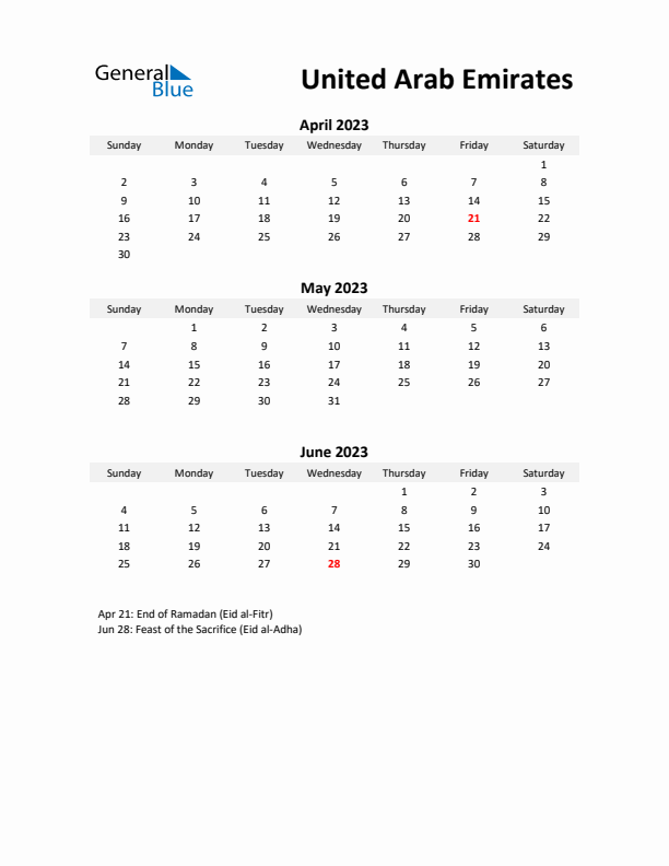 Printable Quarterly Calendar with Notes and United Arab Emirates Holidays- Q2 of 2023