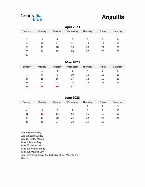 Printable Quarterly Calendar with Notes and Anguilla Holidays- Q2 of 2023