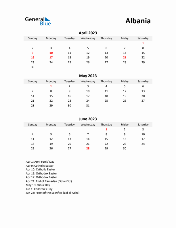 Printable Quarterly Calendar with Notes and Albania Holidays- Q2 of 2023