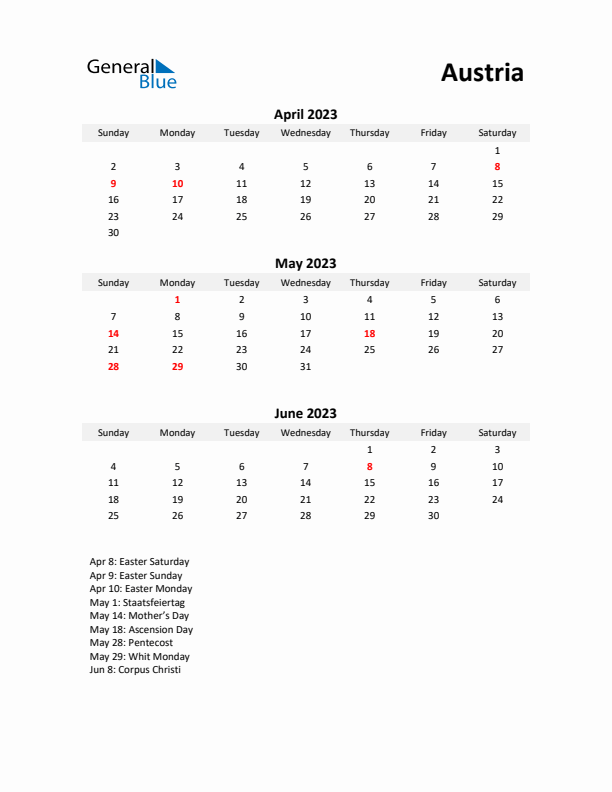 Printable Quarterly Calendar with Notes and Austria Holidays- Q2 of 2023