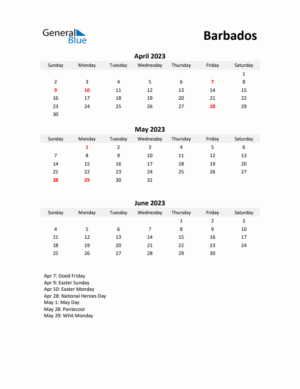 Printable Quarterly Calendar with Notes and Barbados Holidays- Q2 of 2023