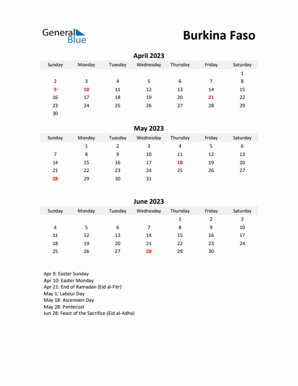 Printable Quarterly Calendar with Notes and Burkina Faso Holidays- Q2 of 2023