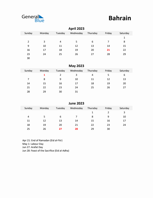 Printable Quarterly Calendar with Notes and Bahrain Holidays- Q2 of 2023