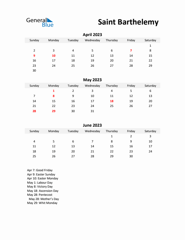 Printable Quarterly Calendar with Notes and Saint Barthelemy Holidays- Q2 of 2023