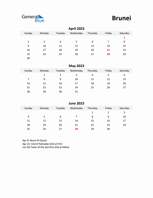 Printable Quarterly Calendar with Notes and Brunei Holidays- Q2 of 2023