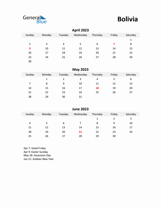 Printable Quarterly Calendar with Notes and Bolivia Holidays- Q2 of 2023