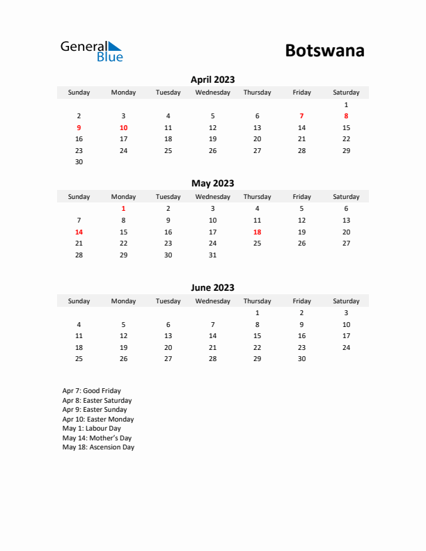 Printable Quarterly Calendar with Notes and Botswana Holidays- Q2 of 2023