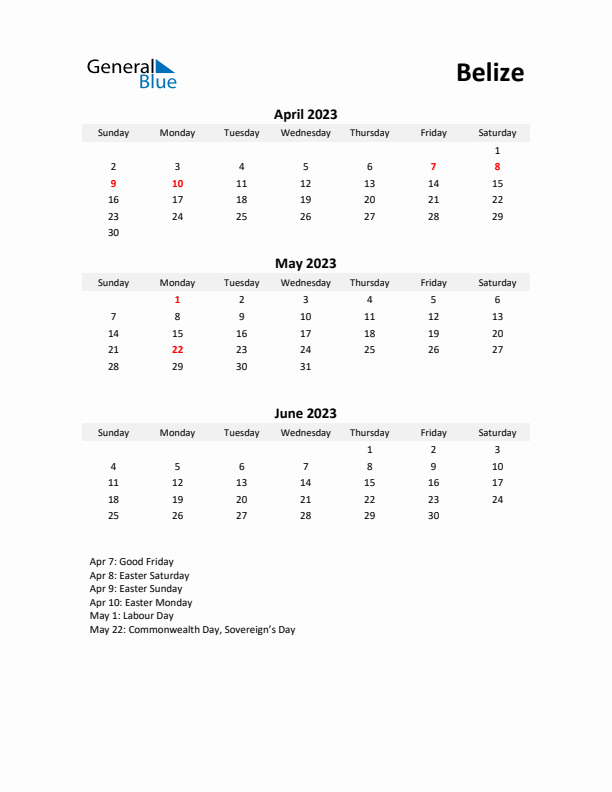 Printable Quarterly Calendar with Notes and Belize Holidays- Q2 of 2023