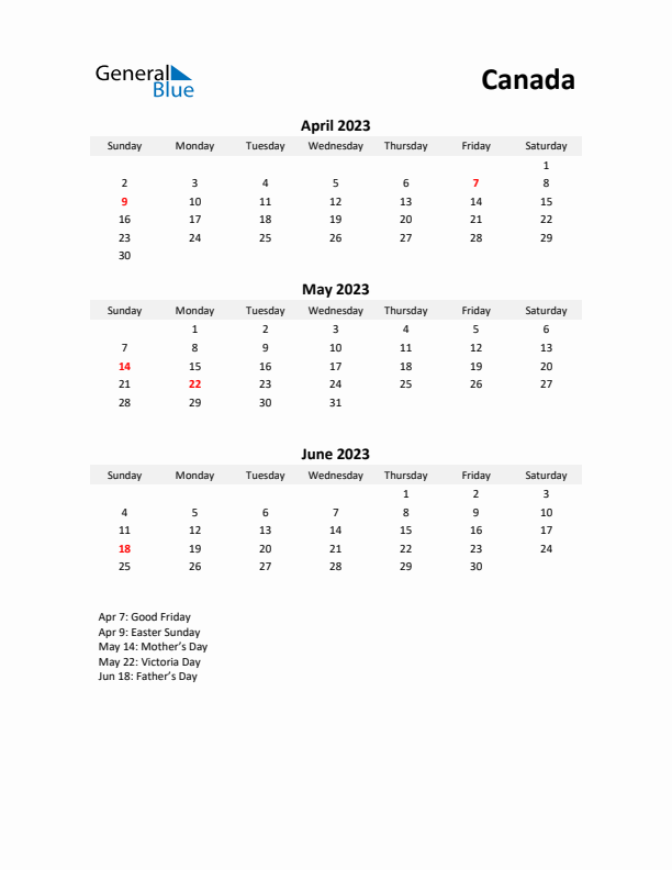 Printable Quarterly Calendar with Notes and Canada Holidays- Q2 of 2023