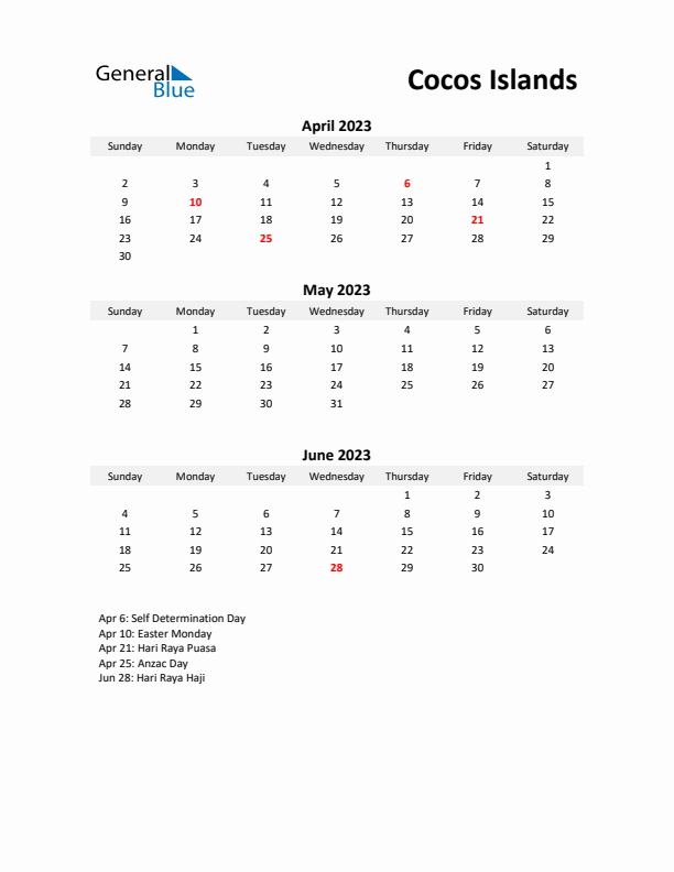 Printable Quarterly Calendar with Notes and Cocos Islands Holidays- Q2 of 2023