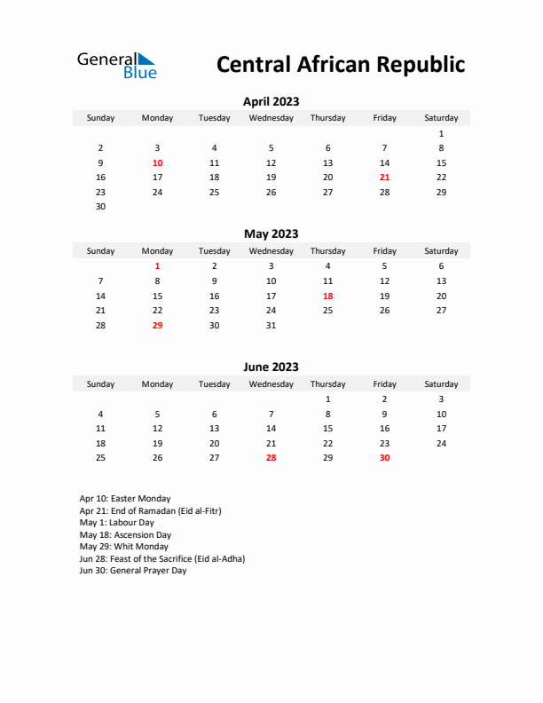 Printable Quarterly Calendar with Notes and Central African Republic Holidays- Q2 of 2023