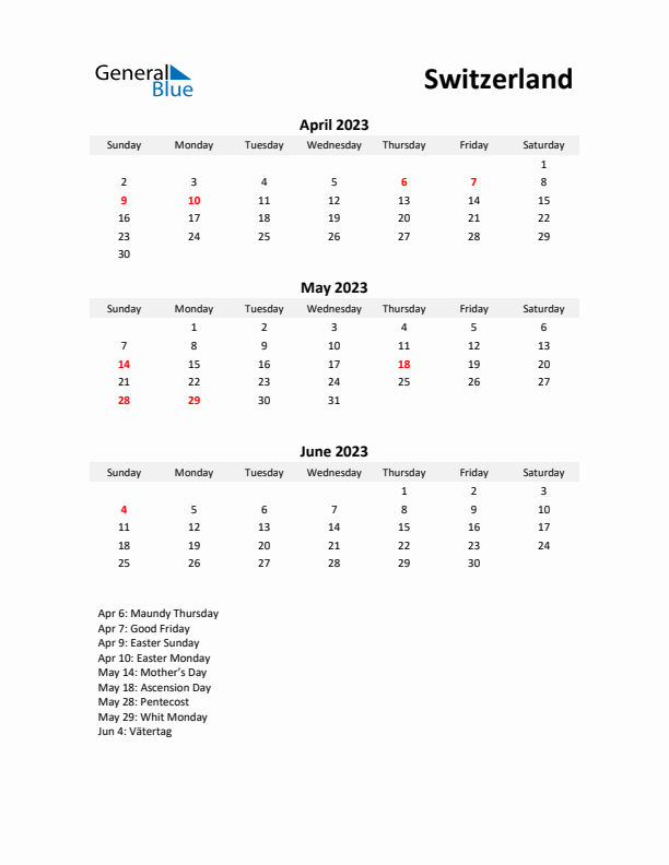 Printable Quarterly Calendar with Notes and Switzerland Holidays- Q2 of 2023