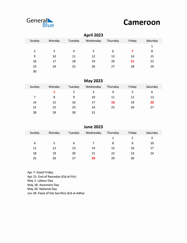 Printable Quarterly Calendar with Notes and Cameroon Holidays- Q2 of 2023